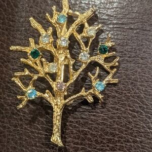 Gold Tree Brooch with Multicolor Gemstones Vintage 1960s